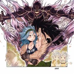  2girls 3boys black_gloves black_hair blue_hair blush breasts bruise cleavage closed_eyes commentary_request crop_top crying crying_with_eyes_open fairy_tail fingerless_gloves gajeel_redfox gloves headband holding_hands hug hug_from_behind injury levy_mcgarden long_hair medium_breasts miniskirt multiple_boys multiple_girls outstretched_arm outstretched_arms pantherlily pleated_skirt rusky shirt short_sleeves simple_background skirt sleeveless sleeveless_shirt standing tattoo tears very_long_hair yellow_shirt 