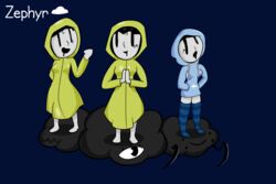  3:2 clothing cloud digital_media_(artwork) facial_scar full-length_portrait group hi_res hoodie humanoid krackdown9 legwear model_sheet not_furry pattern_clothing pattern_legwear portrait scar striped_clothing striped_legwear stripes thigh_highs topwear zephyr_(krackdown9) 