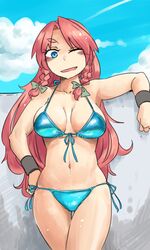  against_wall alternate_costume aqua_bikini aqua_eyes bikini blush braid breasts breasts_apart cloud cloudy_sky commentary_request crossed_legs day eyebrows female front-tie_top green_ribbons hand_on_own_hip highres hong_meiling large_breasts long_hair looking_at_viewer navel one_eye_closed ponke red_hair ribbon shiny_skin side-tie_bikini_bottom sky smile solo standing stomach stone_wall sweatdrop swimsuit thigh_gap touhou twin_braids wall wavy_hair 