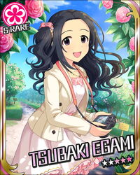  artist_request black_eyes black_hair camera card_(medium) character_name egami_tsubaki female flower_(symbol) idolmaster idolmaster_cinderella_girls jewelry long_hair necklace official_art smile solo wavy_hair 