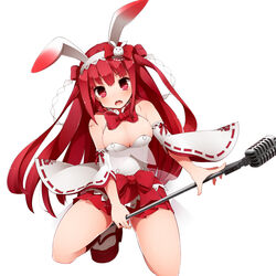  animal_ears bad_id bad_link bad_nicoseiga_id bare_shoulders beatmania_iidx blush bow breasts cleavage detached_sleeves female kinakomoti large_breasts long_hair looking_at_viewer microphone open_mouth rabbit_ears red_eyes red_hair simple_background skirt solo umegiri_ameto white_background white_legwear 