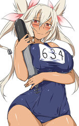  bare_shoulders blonde_hair blush breasts commentary_request cosplay dark-skinned_female dark_skin female glasses i-19_(kancolle) i-19_(kancolle)_(cosplay) kantai_collection kuronyan large_breasts long_hair misato_(voice_actor) musashi_(kancolle) one-piece_swimsuit photoshop_(medium) pointy_hair red_eyes school_swimsuit simple_background solo swimsuit torpedo twintails voice_actor_connection white_background 