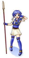  armor asymmetrical_clothes blue_eyes blue_hair commentary_request female fingerless_gloves fire_emblem fire_emblem:_the_binding_blade gloves hairband highres jp_(jpimacto) no_nose pauldrons photoshop_(medium) polearm revision shanna_(fire_emblem) short_hair shoulder_armor skirt solo spear thighhighs weapon 