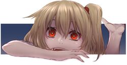  blonde_hair commentary_request female fingernails flandre_scarlet fourth_wall looking_at_viewer oerba_yun_fang open_mouth red_eyes side_ponytail solo terimayo touhou 