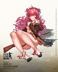  ahoge black_footwear blush character_name coat copyright_name double_bun female flats full_body girls&#039;_frontline gun hair_bun highres holster long_hair looking_at_viewer official_art one_eye_closed open_clothes open_coat open_mouth promotional_art purple_eyes purple_hair rifle shadow shoes sitting sleeves_past_wrists socks solo thigh_holster thigh_strap thighs torn_clothes watermark wavy_hair weapon web_address white_socks wz.29_(girls&#039;_frontline) zuizi 