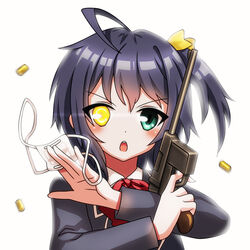  ahoge bad_id bad_pixiv_id blue_eyes blush bobomaster chuunibyou_demo_koi_ga_shitai! commentary_request eyepatch female gun handgun heterochromia icho_private_high_school_uniform looking_at_viewer mauser_c96 medical_eyepatch one_side_up photoshop_(medium) school_uniform shell_casing short_hair solo takanashi_rikka unworn_eyepatch weapon yellow_eyes 