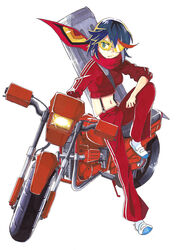  black_hair case commentary_request female jacket kill_la_kill marker_(medium) matoi_ryuuko midriff motor_vehicle motorcycle multicolored_hair navel nib_pen_(medium) pants scarf senketsu senketsu_(scarf) short_hair solo streaked_hair sugi_koutarou sunglasses suspenders track_jacket track_pants track_suit traditional_media white_background 