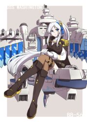  absurdres bad_id bad_pixiv_id blue_eyes blue_ribbon boots brown_thighhighs character_name crossed_legs epaulettes facial_mark female gloves hair_ribbon highres long_hair looking_at_viewer lulu_heika machinery military military_uniform own_hands_together ponytail ribbon serious sitting solo star_(symbol) thigh_strap thighhighs uniform very_long_hair warship_girls_r washington_(warship_girls_r) white_gloves white_hair 