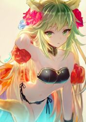  animal_ears armpits atalanta_(fate) atalanta_(formal_dress)_(fate) bad_id bad_twitter_id bikini commentary_request dyed_bangs fate/apocrypha fate/grand_order fate_(series) female flower green_eyes green_hair long_hair miyuki_ruria navel panties side-tie_panties simple_background solo swimsuit underwear 