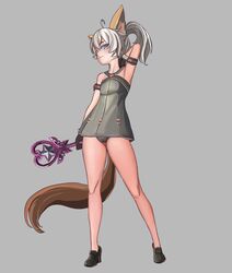  animal_ears arm_behind_head arm_up armpits aruman bad_id bad_pixiv_id black_gloves black_panties blue_eyes dog_ears dog_tail dress elin female full_body gloves grey_background grey_dress head_tilt highres legs long_hair mystic_(tera_online) panties ponytail pose shoes short_dress simple_background sleeveless sleeveless_dress smile solo tail tera_online underwear wand white_hair 