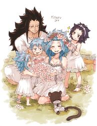  2boys 3girls :d anklet bare_shoulders barefoot black_hair blue_hair breasts brown_eyes cleavage closed_eyes crossed_arms detached_sleeves dress fairy_tail flower gajeel_redfox hair_flower hair_ornament head_tilt head_wreath indian_style jewelry kneeling levy_mcgarden long_hair mother&#039;s_day multiple_boys multiple_girls nose_piercing open_mouth pantherlily pants piercing pink_flower pink_rose rose rusky scar shirt short_dress short_sleeves simple_background sitting sleeveless sleeveless_dress small_breasts smile standing sundress very_long_hair white_background white_dress white_pants white_shirt 