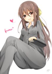  :d bad_id bad_pixiv_id blush buttons character_name collared_shirt commentary_request crossed_legs female formal from_below grey_hair hair_between_eyes hair_ribbon heart himouto!_umaru-chan kongou_kanau long_hair long_sleeves looking_at_viewer minari_(minari37) open_mouth pant_suit pants red_eyes ribbon shirt signature simple_background smile solo suit white_background 