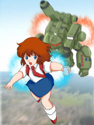  blue_eyes brown_hair chasing cup daicon daicon_bunny_girl daicon_iii flying lolicon mecha mobile_infantry necktie skirt tie uchuu_no_senshi water 