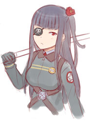  bad_id bad_pixiv_id black_hair blunt_bangs commentary_request eyepatch female flower ha-ru hair_flower hair_ornament long_hair military military_uniform red_eyes sekai_seifuku:_bouryaku_no_zvezda shikabane_itsuka solo uniform upper_body weapon 