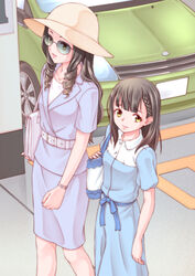  2girls arm_at_side bad_id bad_pixiv_id bag belt black_hair blue_dress blue_skirt braid car commentary_request dress drill_hair glasses handbag hat highres lipstick long_hair looking_at_viewer makeup mother_and_daughter motor_vehicle multiple_girls pencil_skirt shiraishi_tamiko shiraishi_yuzuki short_sleeves sidelocks skirt sora_yori_mo_tooi_basho standing tinted_eyewear tsukune_(seseri) wristband 