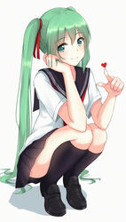  black_footwear black_sailor_collar black_skirt black_socks blush closed_mouth commentary_request female full_body green_eyes green_hair hair_ribbon hatsune_miku head_rest heart highres itachi_kanade kneehighs knees_up loafers long_hair looking_at_viewer miniskirt neckerchief necktie penny_loafers pleated_skirt red_neckerchief red_necktie red_ribbon ribbon sailor_collar school_uniform serafuku shirt shoes short_sleeves skirt smile socks solo squatting twintails very_long_hair vocaloid white_background white_shirt 