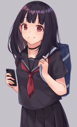  bag black_choker black_hair black_serafuku cellphone choker collarbone commentary_request female grey_background highres holding holding_phone itachi_kanade long_hair looking_at_viewer neckerchief original phone pleated_skirt red_eyes red_neckerchief school_bag school_uniform serafuku short_sleeves simple_background skirt smartphone smile solo upper_body 