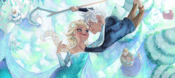  anna_(frozen) crossover elsa_(frozen) flying frozen_(disney) jack_frost_(rise_of_the_guardians) kristoff_(frozen) marshmallow_(frozen) olaf_(frozen) rise_of_the_guardians sequins snow staff white_hair 