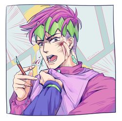  1boy blood blood_from_mouth border bruise dated diamond_wa_kudakenai earrings green_eyes headband higashikata_josuke injury jewelry jojo_no_kimyou_na_bouken kishibe_rohan male_focus multicolored_eyes open_mouth pen pink_eyes pink_hair shirt_grab signature solo_focus upper_body white_border wuziky00 