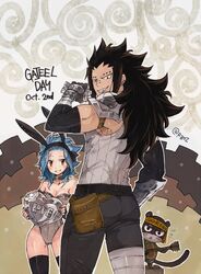  1boy animal_ears armor bandages black_gloves black_hair black_hairband black_legwear black_pants blue_hair blush breasts brown_eyes character_name choker cleavage collarbone cowboy_shot detached_sleeves ear_piercing fairy_tail female gajeel_redfox gloves grey_leotard grey_nails grey_shirt grin hairband headband highleg highleg_leotard holding holding_instrument instrument leotard levy_mcgarden long_hair looking_back medium_breasts nail_polish nose_piercing pantherlily pants pauldrons piercing playboy_bunny rabbit_ears rusky shiny_clothes shiny_skin shirt shoulder_armor sleeveless sleeveless_shirt smile standing striped_clothes striped_leotard thighhighs very_long_hair 