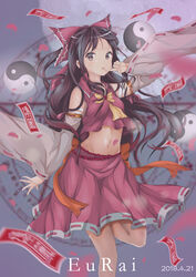  absurdres ascot black_hair bow bowtie brown_eyes commentary_request crop_top crop_top_overhang dated detached_sleeves eurai female floating_hair gradient_hair hairbow hakurei_reimu highres leg_up long_hair midriff multicolored_hair navel orange_ascot orange_bow orange_bowtie parted_lips red_bow red_hair red_shirt red_skirt ribbon-trimmed_skirt ribbon-trimmed_sleeves ribbon_trim shirt skirt sleeveless sleeveless_shirt solo standing standing_on_one_leg stomach touhou very_long_hair yin_yang 