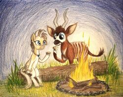  2016 ambiguous_gender antelope bakari_the_bongo black_body black_fur black_mane black_nose blue_eyes bongo_(antelope) bovid bovine brown_body brown_fur brown_tail campfire cheek_bulge colored_pencil_(artwork) crumbs curved_horn cutie_mark duo ear_piercing ear_ring ear_stud eating equid equine extinct eye_markings eyelashes facial_markings fan_character female feral fire food fur grass grey_hooves grey_horn hasbro head_markings holding_food holding_object hooves horn jewelry light lighting log looking_at_another mammal mane markings mask_(marking) multicolored_body multicolored_fur multicolored_mane my_little_pony necklace nia_the_quagga night outside piercing plains_zebra plant quadruped quagga recently_extinct_species ring_piercing rock s&#039;more semi-anthro shadow sitting sky smile snout spiral-horned_antelope standing striped_body striped_fur stripes tail tail_tuft thefriendlyelephant toony traditional_media_(artwork) tuft two_tone_body two_tone_fur two_tone_mane white_body white_fur white_mane white_markings white_stripes white_tail wood yellow_body yellow_fur zebra 