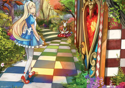  alice_(alice_in_wonderland) alice_in_wonderland blonde_hair blue_eyes checkered_floor commentary_request dress female from_behind highres long_hair looking_at_viewer looking_back mushroom pantyhose shigureteki white_legwear white_rabbit_(alice_in_wonderland) 