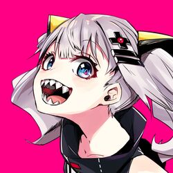  blue_eyes commentary_request fangs female grey_hair hair_ornament hairclip kaguya_luna nez_n oerba_yun_fang sharp_teeth solo teeth the_moon_studio twintails virtual_youtuber x_hair_ornament 