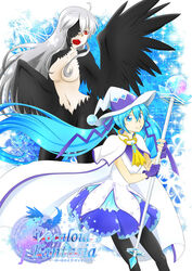  2girls absurdres ahoge blue_eyes blue_hair boots breasts capelet commentary_request dress feathered_wings feathers gloves grey_hair hair_ornament harpy hat hatsune_miku highres holding homuzu jewelry long_hair looking_at_viewer medium_breasts monster_girl multiple_girls navel open_mouth ponytail red_eyes skirt smile staff suki!_yuki!_maji_magic_(vocaloid) thighhighs twintails very_long_hair vocaloid winged_arms wings witch_hat yowane_haku yuki_miku yuki_miku_(2014) 