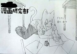  anthro ayabemisstta clothed clothing concentration creating_art drawing female fountain_pen full-length_portrait fully_clothed furniture holding_object inkwell japanese_text mammal on_ground paper pen_(artwork) portrait ruler simple_background solo text traditional_media_(artwork) translation_request 