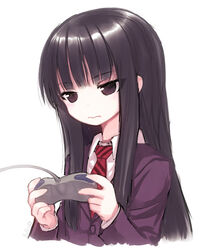  3: black_hair blazer commentary_request controller female game_console game_controller gamepad high_score_girl jacket kiira necktie oono_akira photoshop_(medium) school_uniform sega_saturn simple_background solo white_background 