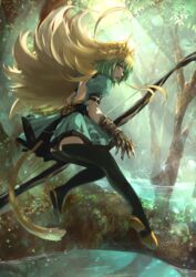  animal_ears ass atalanta_(fate) backless_dress backless_outfit black_panties blade blonde_hair bow_(weapon) cat_ears cat_tail commentary day dress fate/apocrypha fate_(series) female forest full_body gauntlets green_dress green_eyes green_hair highres holding holding_bow_(weapon) holding_weapon kaze_minoru_so-ru looking_back multicolored_hair nature open_mouth outdoors panties pixiv_fate/grand_order_contest_2 short_dress solo tail tree two-tone_hair underwear weapon 