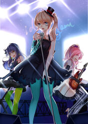  3girls absurdres aer_(tengqiu) akiyama_mio akiyama_mio_(cosplay) aqua_pantyhose band bare_shoulders black_dress black_gloves blue_eyes blue_hair commentary_request cosplay detached_sleeves don&#039;t_say_&quot;lazy&quot; dress elbow_gloves gloves green_eyes green_legwear guitar hat highres hirasawa_yui hirasawa_yui_(cosplay) instrument k-on! keyboard_(instrument) kotobuki_tsumugi kotobuki_tsumugi_(cosplay) kumano_(warship_girls_r) long_hair microphone mini_hat mini_top_hat mogami_(warship_girls_r) multiple_girls music orange_hair pantyhose photoshop_(medium) pink_hair playing_instrument ponytail side_ponytail singing single_detached_sleeve striped_clothes striped_pantyhose suzuya_(warship_girls_r) top_hat vertical-striped_clothes vertical-striped_pantyhose warship_girls_r 