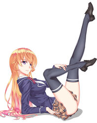  5plus arm_support ass black_socks black_thighhighs blonde_hair breasts brown_footwear commentary_request female hand_on_leg highres large_breasts legs legs_up loafers long_hair looking_at_viewer nakiri_erina photoshop_(medium) plaid plaid_skirt purple_eyes school_uniform shoes shokugeki_no_souma skirt smile socks solo thighhighs tootsuki_saryou_ryouri_gakuen_uniform white_background 