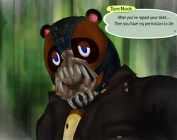  bane blue_eyes english_text looking_at_viewer nintendo parody solo tanuki text the_dark_knight_rises_(movie) tom_nook_(animal_crossing) video_games 