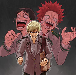  3boys alternate_hairstyle angry bad_id bad_pixiv_id bakugou_katsuki black_hair blonde_hair boku_no_hero_academia clenched_hand crying crying_with_eyes_open grey_background kirishima_eijirou laughing male_focus multiple_boys projected_inset red_hair school_uniform sero_hanta sharp_teeth simple_background spiked_hair tears teeth trembling u.a._school_uniform yoshitaro_(almendra) 