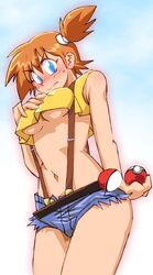  belt breasts commentary_request covered_nipples female green_eyes holding holding_poke_ball kasumi_(pokemon) navel onnaski orange_hair photoshop_(medium) poke_ball poke_ball_(basic) pokemon pokemon:_the_electric_tale_of_pikachu short_hair shorts side_ponytail solo suspender_shorts suspenders 