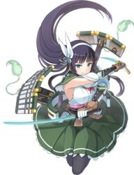  armpits artist_request black_hair blue_eyes blunt_bangs breasts dual_wielding female full_body gloves green_skirt hairband hand_on_own_hip holding holding_sword holding_weapon kasugayama_(oshiro_project) large_breasts long_hair oshiro_project:re pantyhose skirt smile solo sword transparent_background very_long_hair weapon white_gloves 