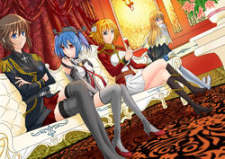  4girls 5plus aiguillette bismarck_(warship_girls_r) black_legwear blue_eyes blue_hair boots brown_hair commentary_request couch cross crossed_arms crossed_legs cup curtains drinking_glass epaulettes flower high_heels hood_(warship_girls_r) iron_cross kneehighs long_hair looking_back multiple_girls photoshop_(medium) prince_of_wales_(warship_girls_r) prinz_eugen_(warship_girls_r) red_eyes rigging short_hair skirt socks thigh_boots thighhighs thighs twintails uniform v_arms warship_girls_r wine_glass 