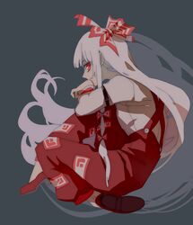  bow commentary_request female fujiwara_no_mokou full_body hair_ornament hair_ribbon hairbow harrymiao highres long_hair long_sleeves looking_at_viewer pants profile red_eyes ribbon shirt shoes simple_background solo touhou very_long_hair 