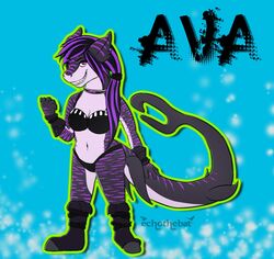  alternative_fashion anthro ava_(disambiguation) bikini boots chibi clothing collar echothebat female fish footwear goth hair hi_res marine multicolored_hair shark solo spots stripes swimwear watermark 