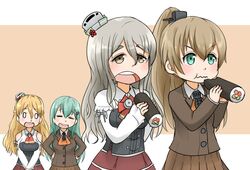  4girls :d :t ascot b-man braid brown_eyes brown_hair commentary_request curly_hair detached_sleeves eating ehoumaki food french_braid green_eyes green_hair grey_hair hat headgear holding kantai_collection kumano_(kancolle) light_brown_hair long_hair makizushi mini_hat multiple_girls open_mouth pleated_skirt pola_(kancolle) ponytail skirt smile sushi suzuya_(kancolle) wavy_mouth zara_(kancolle) 