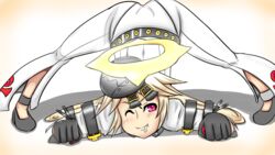  ahoge arc_system_works artist_request ass belt blonde_hair bodysuit candy gloves gradient gradient_background guilty_gear guilty_gear_xrd guilty_gear_xrd:_revelator halo jack-o_(guilty_gear) lollipop long_hair looking_at_viewer mask mask_removed one_eye_closed pantylines shadow smile solo top-down_bottom-up 