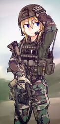  arm_up assault_rifle bad_id bad_pixiv_id blonde_hair blue_eyes bulletproof_vest camouflage closed_mouth combat_shirt dutchko female gloves gun hair_between_eyes hand_on_own_head hat helmet holding holding_gun holding_weapon load_bearing_vest long_sleeves looking_away looking_to_the_side m4_carbine military military_uniform original outdoors pouch rifle scope short_hair smile solo standing suppressor sweat uniform weapon woodland_camouflage 