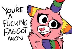  2019 animate_inanimate anthro dialogue english_text equid equine female fur hi_res homophobic_slur horn insult keadonger living_pinata looking_at_viewer mammal meme mythological_creature mythological_equine mythology open_mouth open_smile pinata pink_body pink_fur profanity reaction_image redraw scp-956 scp_foundation simple_background slur smile solo text unicorn white_background 