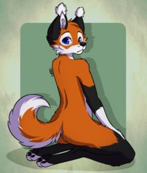  4_toes abstract_background anthro ass black_body black_fur black_nose black_pawpads blue_eyes canid canine cheek_tuft claws countershading ear_tuft eyebrows facial_tuft feet fox full-length_portrait fur hair hand_on_leg inner_ear_fluff kneeling leeomon looking_at_viewer looking_back lorcan male mammal multicolored_body multicolored_fur orange_body orange_fur orange_hair orange_tail pawpads portrait shadow short_hair solo tail toeless_(marking) toes tuft two_tone_tail white_body white_fur white_tail 