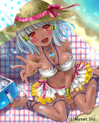  :d ankle_lace-up anklet barefoot beach bikini bikini_skirt blanket blush bottle breasts cleavage company_name cooler cross-laced_footwear dark-skinned_female dark_skin day female grey_hair hair_ornament hanekoto hat hat_ribbon jewelry large_breasts looking_at_viewer navel o-ring o-ring_top open_mouth outdoors outstretched_hand pendant photoshop_(medium) plaid plaid_blanket reaching reaching_towards_viewer red_eyes ribbon sitting smile solo sun_hat swimsuit thigh_strap wariza water water_bottle white_bikini wrist_cuffs 