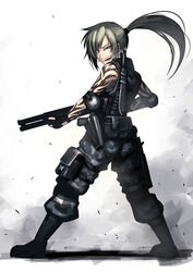  blonde_hair boots camouflage camouflage_pants cigarette commentary_request elbow_pads female fingerless_gloves gloves gun handgun hetza_(hellshock) holster long_hair machete mouth_hold original pants ponytail scabbard sheath shotgun solo suzumi_(hetza) tattoo thigh_strap vest weapon 