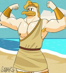  absurd_res armpit_hair avian beach beak biceps bird body_hair clothing disney ducktales ducktales_(2017) flexing flexing_bicep flexing_both_biceps front_view hi_res male nipples outside pecs portrait seaside solo stork storkules three-quarter_portrait toga vier_punksterne water 