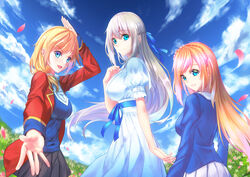  3girls 5plus absurdres blonde_hair blue_eyes breasts cloud commentary_request day green_eyes grey_hair highres large_breasts lexington_(warship_girls_r) long_hair looking_at_viewer looking_back multiple_girls outdoors outstretched_arm petals photoshop_(medium) richelieu_(warship_girls_r) rodney_(warship_girls_r) short_hair skirt smile uniform warship_girls_r 